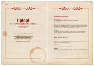 Theorien




                                                                            Red Ocean Strategy


                                 tiptopf
                                                                            Man nehme:
                                                                            Ein Produkt oder einen Markt, das oder den es schon gibt.

                                                                            Zubereitung:
              das bewährte rezeptbuch der strategien                        Setzen Sie sich von der – in der Regel zahlreichen – Konkurrenz ab, welche ein
                                                                            ähnliches oder gar dasselbe Produkt anbietet oder den gleichen Markt abdeckt.
                                   gut anrühren und hoffen,                 Vermarkten Sie das eigene Produkt bzw. Angebot als noch besser und / oder noch
                                        dass es aufgeht                     billiger. Schmecken Sie es mit einer kräftigen Prise Werbung ab.

                                                                            Resultat:
                                                                            Der Stärkere gewinnt. Nicht umsonst ist das «Red» im Titel eine Anspielung
                                                                            auf den «blutigen» Durchsetzungskampf, der sich in der Regel aus diesem
                         Es gibt eine eindrückliche Fülle an Büchern über   Rezept ergibt.
                              Strategien. Viele davon lassen sich in
                         wenigen Worten zusammenfassen. Wie das geht,
                              erfahren Sie auf den folgenden Seiten.        Blue Ocean Strategy
                         Zu den möglichen Risiken und Nebenwirkungen
                          wenden Sie sich bitte an den nächstgelegenen      Man nehme:
                                 Insolvenzverwalter oder Golflehrer.        Eine Nische. Also ein Produkt, das es in dieser Form noch nicht gibt bzw. einen
                                                                            Markt, der noch nicht erschlossen ist.

                                                                            Zubereitung:
                                                                            Bieten Sie an, was sonst niemand anbietet.

                                                                            Resultat:
                                                                            Man kann – zumindest in der Anfangsphase – in Ruhe kochen. Der Markt gleicht
                                                                            einem stillen, blauen Ozean, da es keine direkten Konkurrenten gibt.




connected 08 01 | 2012                                                                                                                                   Seite 41
 