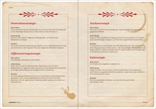 Theorien




   Penetrationsstrategie                                                               Nischenstrategie
   Man nehme:                                                                          Man nehme:
   Einen ausreichend grossen Absatzmarkt, der sich durch eine hohe Preiselastizität    Fokus auf eine bestimmte Kundengruppe, bestimmte Segmente oder bestimmte
   bei der Nachfrage auszeichnet und führe dort ein neues Produkt ein.                 geografische Märkte.

   Zubereitung:                                                                        Zubereitung:
   Der Preis wird zunächst möglichst niedrig gehalten, um schnell einen                Aufgrund Ihrer eng gefassten Zielgruppe können Sie diese besser mit Produkten
   Marktanteil zu erlangen.                                                            oder Dienstleistungen versorgen, als Ihre breiter ausgerichteten Konkurrenten.

   Resultat:                                                                           Resultat:
   Durch die schnelle Erschliessung des Marktes wird ein Wettbewerbsvorteil erzielt,   Ihr Unternehmen erzielt entweder eine hohe Differenzierung, indem die Bedürfnisse
   und Sie können in der Folge den Preis dem steigenden Marktanteil anpassen.          Ihrer Zielgruppe besser bedient werden, oder eine günstigere Kostensituation oder
                                                                                       beides. Natürlich besteht die Gefahr, dass Ihr relativer Vorteil durch Entwicklungen
                                                                                       in der Branche zunehmend obsolet wird.
   Differenzierungsstrategie
   Man nehme:                                                                          Kultstrategie
   Ein beliebiges Unternehmen oder Produkt.
                                                                                       Man nehme:
   Zubereitung:                                                                        Ein Produkt, das weitgehend unbekannt ist.
   Heben Sie sich durch Preisführerschaft, Markenname usw. von Ihren
   Mitbewerbern ab. Tragen Sie dabei ruhig dick auf. Der tatsächliche Unterschied      Zubereitung:
   ist weniger entscheidend als der wahrgenommene Unterschied.                         Sorgen Sie dafür, dass eine oder mehrere handverlesene Schlüsselpersonen
                                                                                       das Produkt (vorzugsweise öffentlich) verwenden. Lassen Sie es dann ordentlich
   Resultat:                                                                           in der Gerüchteküche ziehen.
   Für einen gewissen Preisbereich wird eine monopolistische Preisabsatzfunktion
   geschaffen, und in diesem Angebotsbereich können Sie den Preis selbst               Resultat:
   bestimmen. Erst bei signifikanten Preisunterschieden wandern die Kunden zur         Ein frisch gebackener Kultstatus, von dem sich alle eine Scheibe
   Konkurrenz ab.                                                                      abschneiden wollen.




connected 08 01 | 2012                                                                                                                                                Seite 45
 