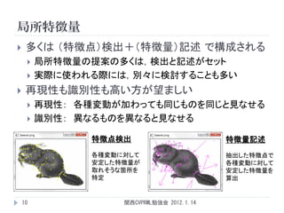局所特徴量
    多くは （特徴点）検出＋（特徴量）記述 で構成される
        局所特徴量の提案の多くは，検出と記述がセット
        実際に使われる際には，別々に検討することも多い
    再現性も識別性も高い方が望ましい
        再現性： 各種変動が加わっても同じものを同じと見なせる
        識別性： 異なるものを異なると見なせる

               特徴点検出                        特徴量記述
               各種変動に対して                     抽出した特徴点で
               安定した特徴量が                     各種変動に対して
               取れそうな箇所を                     安定した特徴量を
               特定                           算出


    10              関西CVPRML勉強会 2012.1.14
 