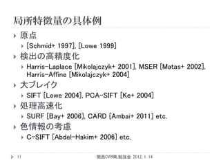 局所特徴量の具体例
    原点
        [Schmid+ 1997], [Lowe 1999]
    検出の高精度化
        Harris-Laplace [Mikolajczyk+ 2001], MSER [Matas+ 2002],
         Harris-Affine [Mikolajczyk+ 2004]
    大ブレイク
        SIFT [Lowe 2004], PCA-SIFT [Ke+ 2004]
    処理高速化
        SURF [Bay+ 2006], CARD [Ambai+ 2011] etc.
    色情報の考慮
        C-SIFT [Abdel-Hakim+ 2006] etc.

    11                        関西CVPRML勉強会 2012.1.14
 