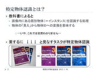 特定物体認識とは？
       教科書によると
           画像内にある個別物体（＝インスタンス）を認識する処理
           物体の「見え」から物体IDへの変換を意味する

                …いや，これでは全然わかりません…


       要するに ↓↓↓ と見なすタスクが特定物体認識


                        ＝


    2                       関西CVPRML勉強会 2012.1.14
 