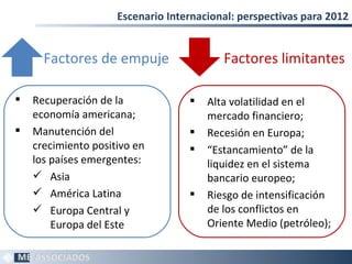 Escenario Internacional: perspectivas para 2012


      Factores de empuje                  Factores limitantes

   Recuperación de la                Alta volatilidad en el
    economía americana;                mercado financiero;
   Manutención del                   Recesión en Europa;
    crecimiento positivo en           “Estancamiento” de la
    los países emergentes:             liquidez en el sistema
     Asia                             bancario europeo;
     América Latina                  Riesgo de intensificación
     Europa Central y                 de los conflictos en
        Europa del Este                Oriente Medio (petróleo);

                                                                   3
 