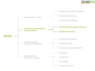 DEFENSA DEL OASIS OASIS CONSOLIDACION  PARQUE PERIURBANO FORESTACION QUEBRADA  SAN SALVADOR EXPANSION DEL  OASIS A LA CIUDAD MODIFICACION LIMITE URBANO EXPANSION AGRICOLA PROTECCION INDIGENA DESOCUPACION TOMAS ILEGALES RESERVA FORESTAL PARQUE PERIURBANO MATRIZ DE AGUA CIRCUNVALACION PONIENTE ESTANQUE ACUEDUCTO RED VERDE  PATIOS PRIVADOS 