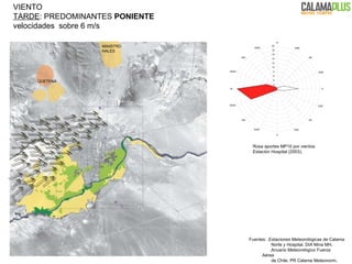 VIENTO TARDE : PREDOMINANTES  PONIENTE velocidades  sobre 6 m/s Quetena Fuentes: .Estaciones Meteorológicas de Calama Norte y Hospital. DIA Mina MH. .Anuario Meteorológico Fuerza  Aérea  de Chile. PR Calama Meteonorm. Rosa aportes MP10 por vientos  Estación Hospital (2003). MINISTRO  HALES QUETENA 
