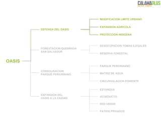 DEFENSA DEL OASIS OASIS CONSOLIDACION  PARQUE PERIURBANO FORESTACION QUEBRADA  SAN SALVADOR EXPANSION DEL  OASIS A LA CIUDAD MODIFICACION LIMITE URBANO EXPANSION AGRICOLA PROTECCION INDIGENA DESOCUPACION TOMAS ILEGALES RESERVA FORESTAL PARQUE PERIURBANO MATRIZ DE AGUA CIRCUNVALACION PONIENTE ESTANQUE ACUEDUCTO RED VERDE  PATIOS PRIVADOS 