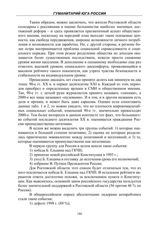 ГУМАНИТАРИЙ ЮГА РОССИИ
 
       Таким образом, можно заключить, что жители Ростовской области
солидарны с россиянами в оценке большинства наиболее значимых дос-
тижений реформ – и здесь проявляется прагматичный аспект обществен-
ного мнения, поскольку на передний план выходят такие осязаемые цен-
ности, как свобода передвижения, широкие возможности личного потреб-
ления и возможности для заработка. Но, с другой стороны, в регионе бо-
лее остро воспринимается проблема социальной справедливости и соци-
ального порядка. При этом резкое разделение общества по доходам ока-
зывается более существенным последствием, нежели просто снижение
уровня жизни населения. В дополнение к сказанному необходимо еще раз
отметить высокий уровень социального дискомфорта, проявляющийся в
высоком рейтинге такого показателя, как утрата чувства безопасности и
стабильности на индивидуальном уровне.
       Прошедшие двадцать лет стало принято делить как минимум на два
этапа: 90-е гг. ХХ в. и первое десятилетие XXI в. Каждый из этих перио-
дов приобрел и определенные ярлыки в СМИ и общественном мнении.
Так, 90-е гг. с легкой руки журналистов принято называть «лихими», а
2000-е все чаще называют «нулевыми». И в том, и в другом названии есть
доля и иронии, и может быть даже сарказма. Однако если сопоставить
данные табл. 1 и 2, то можно увидеть, что по плотности широкомасштаб-
ных социальных событий, изменений 90-е гг. значительно превосходят
2000-е. Тем более интересен в данном контексте тот факт, что большинст-
во событий последнего десятилетия XX в. оценивается гражданами Рос-
сии преимущественно негативно.
       В целом же можно выделить три группы событий: 1) которые оце-
ниваются в большей степени позитивно; 2) оценка по которым раздели-
лась практически эквивалентно между позитивной и негативной; и 3) те,
которые оцениваются преимущественно как негативные.
       В первую группу для России в целом вошли такие события:
       1) победа Б. Ельцина над ГКЧП;
       2) принятие новой российской Конституции в 1993 г.;
       3) уход Б. Ельцина в отставку до истечения срока его полномочий;
       4) избрание В. Путина Президентом России.
       Для Ростовской области этот список будет отличаться тем, что из
него исключается победа Б. Ельцина над ГКЧП. В остальном рейтинги ва-
риантов ответа достаточно похожи, за исключением пункта о Конститу-
ции. Как выяснилось, основной закон российского государства пользуется
более значительной поддержкой в Ростовской области (56 против 46 % по
России).
       В общероссийском опросе абсолютными лидерами антирейтинга
стали такие события:
       1) дефолт 1998 г. (89 %);

                                  188
 