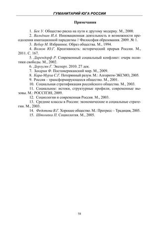 ГУМАНИТАРИЙ ЮГА РОССИИ
 
                                 Примечания

       1. Бек У. Общество риска на пути к другому модерну. М., 2000.
       2. Вальдман И.А. Инновационная деятельность и возможности пре-
одоления имитационной парадигмы // Философия образования. 2009. № 1.
       3. Вебер М. Избранное. Образ общества. М., 1994.
       4. Волков Ю.Г. Креативность: исторический прорыв России. М.,
2011. С. 167.
       5. Дарендорф Р. Современный социальный конфликт: очерк поли-
тики свободы. М., 2002.
       6. Дерлугян Г. Эксперт. 2010. 27 дек.
       7. Закария Ф. Постамериканский мир. М., 2009.
       8. Кара-Мурза С.Г. Потерянный разум. М.: Алгоритм-ЭКСМО, 2005.
       9. Россия – трансформирующееся общество. М., 2001.
       10. Социальная стратификация российского общества. М., 2003.
       11. Социальное: истоки, структурные профили, современные вы-
зовы. М.: РОССПЭН, 2009.
       12. Социология и современная Россия. М., 2003.
       13. Средние классы в России: экономические и социальные страте-
гии. М., 2003.
       14. Федотова В.Г. Хорошее общество. М.: Прогресс – Традиция, 2005.
       15. Штомпка П. Социология. М., 2005.




                                   58
 