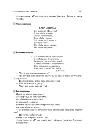 107Соціальна складова здоров’я
• чітко сказати: «У нас пожежа. адреса (вулиця, будинок, квар-
тира)».
4 Фізкультхвилинка
БаБа СніГОВа
Що за гамір? Що за гра?
ліпить бабу дітвора!
Ой же, баба снігова,
Біла в баби голова.
Ой, у баби горб на спині
і ломака он яка!
ніс у баби з картоплини,
рот у баби з буряка!
5 Робота над загадкою
• Що зараз майже в кожнім домі
є необхідним, безперечно,
Бо варить їжу всім без втоми?
Хоч він отруйний, небезпечний,
ним користуємось щораз...
Вже здогадалися? це... (газ).
Л. Коваль
— чи є у вас дома газова плита?
— чи бачили ви блакитне полум’я, на якому мама готує їжу?
це горить газ.
— Що станеться, якщо вода заллє вогонь?
— яка небезпека від газу?
— чому газ може вибухнути?
6 Вивчення правил
якщо ти відчув запах газу:
• зателефонуй за номером 104;
• негайно поклич дорослих;
• не запалюй сірники;
• не вмикай світло або електричні прилади;
• широко відчини вікна.
— За яким номером телефону слід викликати аварійну службу
газу?
— це треба зробити так:
• правильно набрати номер 104;
• чітко сказати: «У нас витік газу. адреса (вулиця, будинок,
квартира)».
 