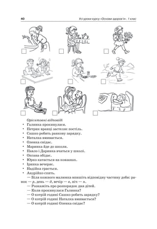40 Усі уроки курсу «Основи здоров’я». 1 клас
Орієнтовні відповіді
• Галинка прокинулася.
• Петрик вранці застеляє постіль.
• Сашко робить ранкову зарядку.
• наталка вмивається.
• Оленка снідає.
• Маринка йде до школи.
• Павло і Даринка вчаться у школі.
• Оксана обідає.
• юрко катається на ковзанах.
• іринка вечеряє.
• надійка грається.
• андрійко спить.
— Біля кожного малюнка впишіть відповідну частину доби: ра-
нок — р, день — д, вечір — в, ніч — н.
— розкажіть про розпорядок дня дітей.
— Коли прокинулася Галинка?
— О котрій годині Сашко робить зарядку?
— О котрій годині наталка вмивається?
— О котрій годині Оленка снідає?
 