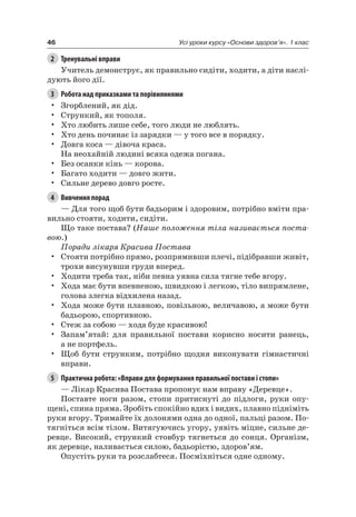 46 Усі уроки курсу «Основи здоров’я». 1 клас
2 Тренувальні вправи
Учитель демонструє, як правильно сидіти, ходити, а діти наслі-
дують його дії.
3 Робота над приказками та порівняннями
• Згорблений, як дід.
• Стрункий, як тополя.
• Хто любить лише себе, того люди не люблять.
• Хто день починає із зарядки — у того все в порядку.
• Довга коса — дівоча краса.
на неохайній людині всяка одежа погана.
• Без осанки кінь — корова.
• Багато ходити — довго жити.
• Сильне дерево довго росте.
4 Вивчення порад
— Для того щоб бути бадьорим і здоровим, потрібно вміти пра-
вильно стояти, ходити, сидіти.
Що таке постава? (Наше положення тіла називається поста-
вою.)
Поради лікаря Красива Постава
• Стояти потрібно прямо, розпрямивши плечі, підібравши живіт,
трохи висунувши груди вперед.
• Ходити треба так, ніби певна уявна сила тягне тебе вгору.
• Хода має бути впевненою, швидкою і легкою, тіло випрямлене,
голова злегка відхилена назад.
• Хода може бути плавною, повільною, величавою, а може бути
бадьорою, спортивною.
• Стеж за собою — хода буде красивою!
• Запам’ятай: для правильної постави корисно носити ранець,
а не портфель.
• Щоб бути струнким, потрібно щодня виконувати гімнастичні
вправи.
5 Практична робота: «Вправи для формування правильної постави і стопи»
— лікар Красива Постава пропонує нам вправу «Деревце».
Поставте ноги разом, стопи притиснуті до підлоги, руки опу-
щені, спина пряма. Зробіть спокійно вдих і видих, плавно підніміть
руки вгору. Тримайте їх долонями одна до одної, пальці разом. По-
тягніться всім тілом. Витягуючись угору, уявіть міцне, сильне де-
ревце. Високий, стрункий стовбур тягнеться до сонця. Організм,
як деревце, наливається силою, бадьорістю, здоров’ям.
Опустіть руки та розслабтеся. Посміхніться одне одному.
 