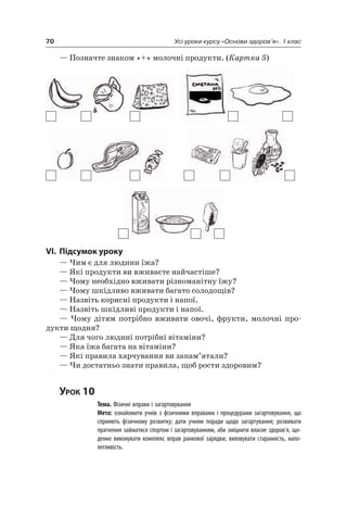 70 Усі уроки курсу «Основи здоров’я». 1 клас
— Позначте знаком «+» молочні продукти. (Картка 5)
VI. підсумок уроку
— чим є для людини їжа?
— які продукти ви вживаєте найчастіше?
— чому необхідно вживати різноманітну їжу?
— чому шкідливо вживати багато солодощів?
— назвіть корисні продукти і напої.
— назвіть шкідливі продукти і напої.
— чому дітям потрібно вживати овочі, фрукти, молочні про-
дукти щодня?
— Для чого людині потрібні вітаміни?
— яка їжа багата на вітаміни?
— які правила харчування ви запам’ятали?
— чи достатньо знати правила, щоб рости здоровим?
Урок 10
Тема. Фізичні вправи і загартовування
Мета: ознайомити учнів з фізичними вправами і процедурами загартовування, що
сприяють фізичному розвитку; дати учням поради щодо загартування; розвивати
прагнення займатися спортом і загартовуванням, аби зміцнити власне здоров’я, що-
денно виконувати комплекс вправ ранкової зарядки; виховувати старанність, напо-
легливість.
 