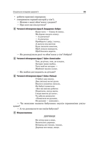 85Соціальна складова здоров’я
• робити приємні сюрпризи;
• створювати гарний настрій у сім’ї.
— якими є ваші обов’язки у родині?
— Про кого ви піклуєтеся?
4 Читання й обговорення вірша В. Бондаренко «Бобри»
Каже тато: — Синку й синку,
Ми йдемо пилять осику.
— а дівчатка?
— а дівчатка
Приберуть і двір, і хатку,
а матуся під мостом
Буде ляскати хвостом,
Щоб лунало навкруги,
Щоб боялись вороги.
— як розподілили ролі та обов’язки у сім’ї бобрів?
5 Читання й обговорення вірша Г. Чубач «Зелені жаби»
Там, де річка, там, де кладка,
Загоряє мама-жабка.
Тато-жаб не загоряє —
Жабенят малих купає.
— як жабки доглядають за дітьми?
6 Читання й обговорення вірша Г. Бойка «Умільці»
У бабусі два онуки,
Два умільці на всі руки.
Внуки в зошитах писали,
як бабусі помагали.
«Все ми вміємо робити:
Підмітати, посуд мити.
і води внести до хати».
Та забули дописати:
«Помагаєм не руками,
не руками — язиками».
— чи можливо назвати бабусиних онуків справжніми уміль-
цями?
— а чи допомагаєте ви своїм бабусям?
7 Фізкультхвилинка
ДереВце
Віє вітер нам в лице,
Захиталось деревце.
Вітерець все тихше, тихше,
Деревце все вище, вище.
 