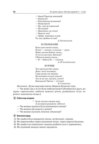 96 Усі уроки курсу «Основи здоров’я». 1 клас
— Знаю! Трактор заводний!
— Зовсім ні!
— електрична залізниця!
— Помилився!
— ну, тоді це пароплав!
— не вгадав!
— Зрозуміло: це літак!
— Знов не так!
— Добре, відповідь я дам:
Та, яку зробив ти сам!
А. Костецький
іЗ ляльКаМи
Біля хати квітне сонях,
В хаті — лялька, в ляльки — доня.
Мама лялька бавить лялю…
а ти хто для них, наталю?
і наталя меншу взяла…
— я — бабуся їй, — сказала.
А. М’ястківський
М’ячиК
Хто проскаче без упину
День і ночі половину,
і при цьому ані трішки
не натомить власні ніжки?
Хто ж це так, малята, скаче?
Відгадали? Звісно — м’ячик!
К. Гнатенко
Висновок. Дуже важливо вміти обирати безпечні ігри.
— чи може гра в м’яч бути небезпечною? (Необережні рухи мо-
жуть спричинити падіння важких речей, розбивання скла, ко-
ротке замикання тощо.)
4 Робота над загадкою
• В дні погожі сонцем грає,
а на морозі розцвітає. (Вікно)
— чи можна гратися біля відчиненого вікна?
— чи можна виглядати з вікна?
— чи можна пускати літачки з балкона?
5 Вивчення порад
1) не грайся біля відкритих вікон, на балконі, горищі.
2) не перехиляйся через відчинене вікно, через перила балкона.
3) не грайся на підвіконні: можеш розбити скло і поранитись.
4) не піднімай занадто важкі предмети.
 