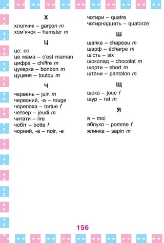 156
Х
хлопчик – garçon m
хом’ячок – hamster m
Ц
це: ce
це мама – c’est maman
цифра – chiffre m
цукерка – bonbon m
цуценя – toutou m
Ч
червень – juin m
червоний, -а – rouge
черепаха – tortue f
четвер – jeudi m
читати – lire
чобіт – botte f
чорний, -а – noir, -e
чотири – quatre
чотирнадцять – quatorze
Ш
шапка – chapeau m
шарф – écharpe m
шість – six
шоколад – chocolat m
шорти – short m
штани – pantalon m
Щ
щока – joue f
щур – rat m
Я
я – moi
яблуко – pomme f
ялинка – sapin m
 