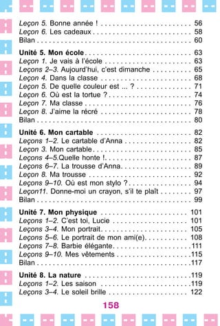 158
Leçon 5. Bonne année ! .  .  .  .  .  .  .  .  .  .  .  .  .  .  .  .  .  .  .  .  .  .  .  . 56
Leçon 6. Les cadeaux  .  .  .  .  .  .  .  .  .  .  .  .  .  .  .  .  .  .  .  .  .  .  .  .  . 58
Bilan . . . . . . . . . . . . . . . . . . . . . . . . . . . . . . . . . . . . . . . 60
Unité 5. Mon école .  .  .  .  .  .  .  .  .  .  .  .  .  .  .  .  .  .  .  .  .  .  .  .  .  .  . 63
Leçon 1. Je vais à l’école .  .  .  .  .  .  .  .  .  .  .  .  .  .  .  .  .  .  .  .  .  .  . 63
Leçons 2–3. Aujourd’hui, c’est dimanche .  .  .  .  .  .  .  .  .  .  . 65
Leçon 4. Dans la classe .  .  .  .  .  .  .  .  .  .  .  .  .  .  .  .  .  .  .  .  .  .  .  . 68
Leçon 5. De quelle couleur est ... ? .  .  .  .  .  .  .  .  .  .  .  .  .  .  . 71
Leçon 6. Où est la tortue ?  .  .  .  .  .  .  .  .  .  .  .  .  .  .  .  .  .  .  .  .  . 74
Leçon 7. Ma classe .  .  .  .  .  .  .  .  .  .  .  .  .  .  .  .  .  .  .  .  .  .  .  .  .  .  .  . 76
Leçon 8. J’aime la récré .  .  .  .  .  .  .  .  .  .  .  .  .  .  .  .  .  .  .  .  .  .  .  . 78
Bilan . . . . . . . . . . . . . . . . . . . . . . . . . . . . . . . . . . . . . . . 80
Unité 6. Mon cartable .  .  .  .  .  .  .  .  .  .  .  .  .  .  .  .  .  .  .  .  .  .  .  .  . 82
Leçons 1–2. Le cartable d’Anna .  .  .  .  .  .  .  .  .  .  .  .  .  .  .  .  .  . 82
Leçon 3. Mon cartable .  .  .  .  .  .  .  .  .  .  .  .  .  .  .  .  .  .  .  .  .  .  .  .  . 85
Leçons 4–5.Quelle honte ! .  .  .  .  .  .  .  .  .  .  .  .  .  .  .  .  .  .  .  .  .  . 87
Leçons 6–7. La trousse d’Anna .  .  .  .  .  .  .  .  .  .  .  .  .  .  .  .  .  . 89
Leçon 8. Ma trousse .  .  .  .  .  .  .  .  .  .  .  .  .  .  .  .  .  .  .  .  .  .  .  .  .  .  . 92
Leçons 9–10. Où est mon stylo ?  .  .  .  .  .  .  .  .  .  .  .  .  .  .  .  . 94
Leçon11. Donne-moi un crayon, s’il te plaît .  .  .  .  .  .  .  .  . 97
Bilan . . . . . . . . . . . . . . . . . . . . . . . . . . . . . . . . . . . . . . . 99
Unité 7. Mon physique .  .  .  .  .  .  .  .  .  .  .  .  .  .  .  .  .  .  .  .  .  .  . 101
Leçons 1–2. C’est toi, Lucie .  .  .  .  .  .  .  .  .  .  .  .  .  .  .  .  .  .  .  . 101
Leçons 3–4. Mon portrait .  .  .  .  .  .  .  .  .  .  .  .  .  .  .  .  .  .  .  .  .  . 105
Leçons 5–6. Le portrait de mon ami(e) .  .  .  .  .  .  .  .  .  .  . 108
Leçons 7–8. Barbie élégante .  .  .  .  .  .  .  .  .  .  .  .  .  .  .  .  .  .  . 111
Leçons 9–10. Mes vêtements .  .  .  .  .  .  .  .  .  .  .  .  .  .  .  .  .  .  . 115
Bilan . . . . . . . . . . . . . . . . . . . . . . . . . . . . . . . . . . . . . . .117
Unité 8. La nature .  .  .  .  .  .  .  .  .  .  .  .  .  .  .  .  .  .  .  .  .  .  .  .  .  .  . 119
Leçons 1–2. Les saison  . . . . . . . . . . . . . . . . . . . . . . .119
Leçons 3–4. Le soleil brille .  .  .  .  .  .  .  .  .  .  .  .  .  .  .  .  .  .  .  .  . 122
 