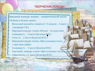 ТВОРЧЕСКИЕ ПОБЕДЫ


Окружной конкурс военно – патриотической песни
«Любовь и Родина едины»
•   Вокальный ансамбль учащихся 5- 6 классов – 2 место
•   (Андреева С.В.)
•   Окружной конкурс чтецов «Россия – ты душа моя»
•   Азнакаева А. – 2 место (Куштым В.П.)
•   Сетко А. – 2 место (Куштым В.П..)
•   Окружной конкурс чтецов «При солнышке тепло,
•   а при маме добро»
•   Азнакаева А. – 1 место (Куштым В.П.)
•   Городской конкурс чтецов «При солнышке тепло, а при маме добро»
•   Азнакаева А. – 3 место (Куштым В.П.)
•
 