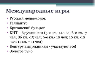 Международные игры
• Русский медвежонок
• Гелиантус
• Британский бульдог
• КИТ – 67 учащихся (5-е кл.- 14 чел; 6-е кл. -7
  чел; 8б кл. -15 чел; 9-е кл.- 10 чел; 10 кл. -10
  чел; 11 кл. – 11 чел)
• Кенгуру выпускникам - участвуют все!
• Золотое руно
 