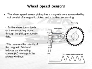 Wheel Speed Sensors
• The wheel speed sensor pickup has a magnetic core surrounded by
coil consist of a magnetic pickup and a toothed sensor ring
•. As the wheel turns, teeth
on the sensor ring move
through the pickup magnetic
field.
•This reverses the polarity of
the magnetic field and
induces an alternating
current (AC) voltage in the
pickup windings
 