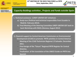 15th MEETING OF THE OECD TASK FORCE on PRTR
                                                        Paris, September, 2012

SECRETARÍA DE ESTADO
DE MEDIO AMBIENTE

DIRECCION GENERAL DE
CALIDAD, EVALUACION
AMBIENTAL Y MEDIO NATURAL
                            Capacity-Buldings activities , Projects and funds outside Spain


                            1.-Technical assistance (UNEP-UNITAR GEF initiative):
                                 a) Study tour (Political and technical responsibles from Ecuador in
                                     Madrid. February 2012) .
                                 b) Final Meeting of the Steering Committee UNEP-UNITAR GEF back to
                                     back Workshop with NGOs (Geneva, August 2012)



                            2.-Financial support to Central American Commission on Environmental
                                Development (CCAD) to promote PRTR activities in Central America:
                                 • Meeting of the CCAD Technician Regional. El Salvador. December
                                    2011.
                                 • Final design of the “future” Regional PRTR Register for Central
                                    America.
                                 • Finalisation of the translation of the UNECE Guide on PRTR into
                                    Spanish
                                                                                                     5
 