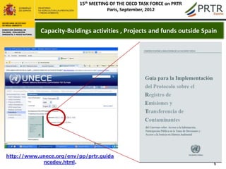 15th MEETING OF THE OECD TASK FORCE on PRTR
                                                     Paris, September, 2012

SECRETARÍA DE ESTADO
DE MEDIO AMBIENTE

DIRECCION GENERAL DE
CALIDAD, EVALUACION
AMBIENTAL Y MEDIO NATURAL
                            Capacity-Buldings activities , Projects and funds outside Spain




   http://www.unece.org/env/pp/prtr.guida
               ncedev.html.                                                              6
 