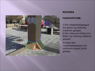 ΚΟΛΩΝΑ
ΠΑΡΑΤΗΡΟΥΜΕ:
i) δύο παραλληλόγραμμα
στη βάση της κολώνας
(πράσινο χρώμα)
ii) δύο τρίγωνα επίσης στη
βάση της κολώνας (κόκκινο
χρώμα)
iii) Άλλα δύο
παραλληλόγραμμα στο
υπόλοιπο σχήμα (μπλε
χρώμα)
 