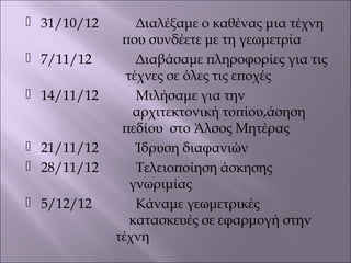  31/10/12 Διαλέξαμε ο καθένας μια τέχνη
που συνδέετε με τη γεωμετρία
 7/11/12 Διαβάσαμε πληροφορίες για τις
τέχνες σε όλες τις εποχές
 14/11/12 Μιλήσαμε για την
αρχιτεκτονική τοπίου,άσηση
πεδίου στο Άλσος Μητέρας
 21/11/12 Ίδρυση διαφανιών
 28/11/12 Τελειοποίηση άσκησης
γνωριμίας
 5/12/12 Κάναμε γεωμετρικές
κατασκευές σε εφαρμογή στην
τέχνη
 