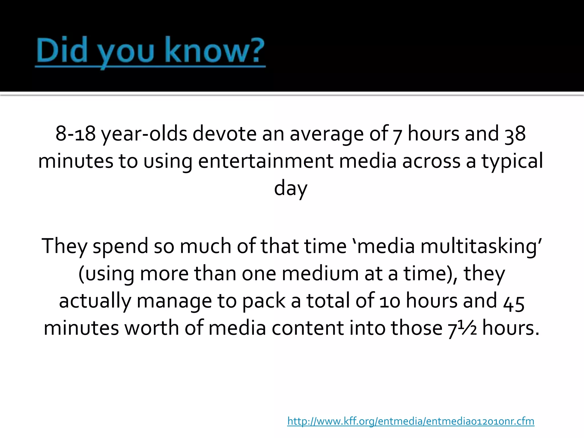 8-18 year-olds devote an average of 7 hours and 38
minutes to using entertainment media across a typical
                         day

They spend so much of that time ‘media multitasking’
   (using more than one medium at a time), they
 actually manage to pack a total of 10 hours and 45
minutes worth of media content into those 7½ hours.


                          http://www.kff.org/entmedia/entmedia012010nr.cfm
 