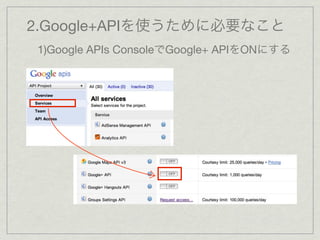 2.Google+APIを使うために必要なこと
1)Google APIs ConsoleでGoogle+ APIをONにする
 