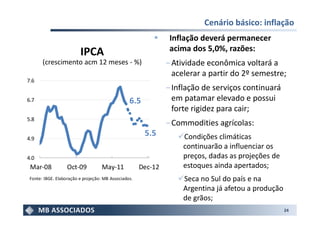 Cenário básico: inflação
                                                                Inflação deverá permanecer
                         IPCA                                   acima dos 5,0%, razões:
       (crescimento acm 12 meses - %)                          ‒ Atividade econômica voltará a
                                                                 acelerar a partir do 2º semestre;
7.6
                                                               ‒ Inflação de serviços continuará
6.7                                              6.5             em patamar elevado e possui
                                                                 forte rigidez para cair;
5.8
                                                               ‒ Commodities agrícolas:
                                                       5.5          Condições climáticas
4.9
                                                                    continuarão a influenciar os
4.0                                                                 preços, dadas as projeções de
 Mar-08            Oct-09           May-11            Dec-12        estoques ainda apertados;
 Fonte: IBGE. Elaboração e projeção: MB Associados.                 Seca no Sul do país e na
                                                                    Argentina já afetou a produção
                                                                    de grãos;
                                                                                                     24
 