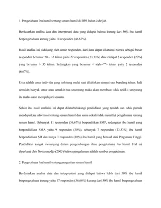 1. Pengetahuan ibu hamil tentang senam hamil di BPS Indun Juhrijah

Berdasarkan analisa data dan interpretasi data yang didapat bahwa kurang dari 50% ibu hamil
berpengetahuan kurang yaitu 14 responden (46,67%).

Hasil analisa ini didukung oleh umur responden, dari data dapat diketahui bahwa sebagai besar
responden berumur 20 – 35 tahun yaitu 22 responden (73,33%) dan terdapat 6 responden (20%)
yang berumur > 35 tahun. Sedangkan yang berumur < style=""> tahun yaitu 2 responden
(6,67%).

Usia adalah umur individu yang terhitung mulai saat dilahirkan sampai saat berulang tahun. Jadi
semakin banyak umur atau semakin tua seseorang maka akan membuat tidak sedikit seseorang
itu malas akan mempelajari sesuatu.

Selain itu, hasil analisisi ini dapat dilatarbelakangi pendidikan yang rendah dan tidak pernah
mendapatkan informasi tentang senam hamil dan sama sekali tidak memiliki pengalaman tentang
senam hamil. Sebanyak 11 responden (36,67%) berpendiikan SMP, sedangkan ibu hamil yang
berpendidikan SMA yaitu 9 responden (30%), sebanyak 7 responden (23,33%) ibu hamil
berpendidikan SD dan hanya 3 responden (10%) ibu hamil yang berasal dari Perguruan Tinggi.
Pendidikan sangat menunjang dalam pengembangan ilmu pengetahuan ibu hamil. Hal ini
diperkuat oleh Notoatmodjo (2005) bahwa pengalaman adalah sumber pengetahuan.

2. Pengetahuan ibu hamil tentang pengertian senam hamil

Berdasarkan analisa data dan interprestasi yang didapat bahwa lebih dari 50% ibu hamil
berpengetahuan kurang yaitu 17 responden (56,66%) kurang dari 50% ibu hamil berpengetahuan

 