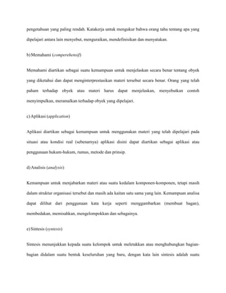 pengetahuan yang paling rendah. Katakerja untuk mengukur bahwa orang tahu tentang apa yang
dipelajari antara lain menyebut, menguraikan, mendefinisikan dan menyatakan.

b) Memahami (comperehensif)

Memahami diartikan sebagai suatu kemampuan untuk menjelaskan secara benar tentang obyek
yang diketahui dan dapat menginterprestasikan materi tersebut secara benar. Orang yang telah
paham terhadap obyek atau materi harus dapat menjelaskan, menyebutkan contoh
menyimpulkan, meramalkan terhadap obyek yang dipelajari.

c) Aplikasi (application)

Aplikasi diartikan sebagai kemampuan untuk menggunakan materi yang telah dipelajari pada
situasi atau kondisi real (sebenarnya) aplikasi disini dapat diartikan sebagai aplikasi atau
penggunaan hukum-hukum, rumus, metode dan prinsip.

d) Analisis (analysis)

Kemampuan untuk menjabarkan materi atau suatu kedalam komponen-komponen, tetapi masih
dalam struktur organisasi tersebut dan masih ada kaitan satu sama yang lain. Kemampuan analisa
dapat dilihat dari penggunaan kata kerja seperti menggambarkan (membuat bagan),
membedakan, memisahkan, mengelompokkan dan sebagainya.

e) Sintesis (syntesis)

Sintesis menunjukkan kepada suatu kelompok untuk meletakkan atau menghubungkan bagianbagian didalam suatu bentuk keseluruhan yang baru, dengan kata lain sintesis adalah suatu

 