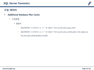forensicinsight.org Page 19 / 38
SQL Server Forensics
 Additional Database Plan Cache
• 수집방법
 명령어 :
• SQLCMD.EXE -S 127.0.0.1 -e -s "," -Q "select * from sys.dm_exec_query_stats"
• SQLCMD.EXE -S 127.0.0.1 -e -s "," -Q "select * from sys.dm_exec_cached_plans cross apply sys.
dm_exec_plan_attributes(plan_handle)"
수집 데이터
 