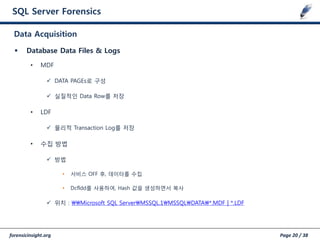 forensicinsight.org Page 20 / 38
SQL Server Forensics
 Database Data Files & Logs
• MDF
 DATA PAGEs로 구성
 실질적인 Data Row를 저장
• LDF
 물리적 Transaction Log를 저장
• 수집 방법
 방법
• 서비스 OFF 후, 데이터를 수집
• Dcfldd를 사용하여, Hash 값을 생성하면서 복사
 위치 : Microsoft SQL ServerMSSQL.1MSSQLDATA*.MDF | *.LDF
Data Acquisition
 