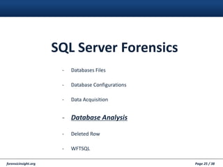 forensicinsight.org Page 25 / 38
- Databases Files
- Database Configurations
- Data Acquisition
- Database Analysis
- Deleted Row
- WFTSQL
SQL Server Forensics
 