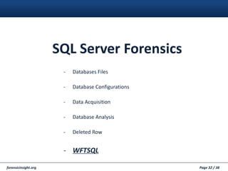 forensicinsight.org Page 32 / 38
- Databases Files
- Database Configurations
- Data Acquisition
- Database Analysis
- Deleted Row
- WFTSQL
SQL Server Forensics
 