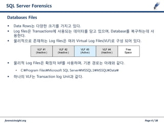 forensicinsight.org Page 4 / 38
SQL Server Forensics
 Data Rows는 다양한 크기를 가지고 있다.
 Log files은 Transactions에 사용되는 데이터를 담고 있으며, Database를 복구하는데 사
용한다.
 물리적으로 존재하는 Log files은 여러 Virtual Log Files(VLF)로 구성 되어 있다.
 물리적 Log Files은 확장자 ldf를 사용하며, 기본 경로는 아래와 같다.
• C:Program FilesMicrosoft SQL ServerMSSQL.1MSSQLData
 하나의 VLF는 Transaction log Unit과 같다.
Databases Files
 