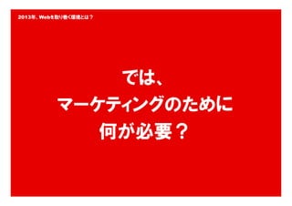 2013年、Webを取り巻く環境とは？




                では、
            マーケティングのために
               何が必要？

         Copyright © IMJ Corporation. All Rights Reserved.   9
 