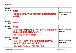 本日の流れ


15:00
～15:30   第1部
                                                              株式会社アイ・エム・ジェイ
         「2013年以降、Webを取り巻く環境変化と企業                             大野 孝司
         の課題」

15：30
～15:40 ～休憩～
15:40    第2部
～16:20
                                                              株式会社アイ・エム・ジェイ
         「プロジェクト事例に学ぶ、マーケティング視点での
         Webサイト構築・運用のポイント」                                    弓削 博

         ～IMJ Jelly Platformのご紹介～
16:20    第3部
～17:00
                                                              株式会社アイ・エム・ジェイ
         「スピーディーなマーケティング施策を実現する
         CMSプラットフォームのご紹介」                                     鈴木 純香

         ～IMJ Jelly Platform デモンストレーション～
          Copyright © IMJ Corporation. All Rights Reserved.              1
 