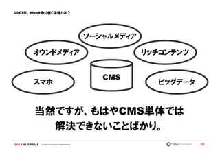 2013年、Webを取り巻く環境とは？




                                                             ソーシャルメディア

      オウンドメディア                                                           リッチコンテンツ


                                                                CMS
      スマホ                                                                  ビッグデータ



       当然ですが、もはやCMS単体では
         解決できないことばかり。
         Copyright © IMJ Corporation. All Rights Reserved.                          19
 