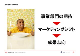 企業内部における課題




                                                           事業部門の期待

                                                           マーケティングシフト

                                                             成果志向
       Copyright © IMJ Corporation. All Rights Reserved.             23
 
