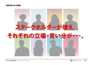 企業内部における課題




   ステークホルダーが増え、
 それぞれの立場・言い分が・・・。


       Copyright © IMJ Corporation. All Rights Reserved.   24
 