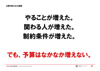 企業内部における課題




                      やることが増えた。
                      関わる人が増えた。
                      制約条件が増えた。

でも、予算はなかなか増えない。
       Copyright © IMJ Corporation. All Rights Reserved.   28
 