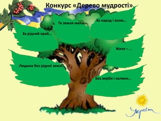 Конкурс «Дерево мудрості».
Без верби і калини…
немає України
Людина без рідної землі…
як соловей без гнізда
За рідний край…
життя віддай
Та земля мила…
де мати народила
За народ і волю…
віддамо життя і долю
Жити – …
Вітчизні служити
 