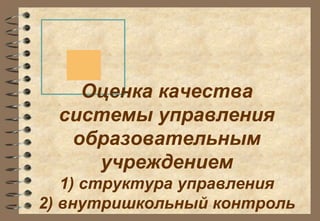 Оценка качества 
системы управления 
образовательным 
учреждением 
1) структура управления 
2) внутришкольный контроль 
 