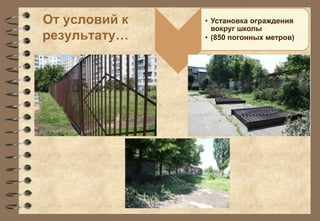 От условий к 
результату… 
• Установка ограждения 
вокруг школы 
• (850 погонных метров) 
 