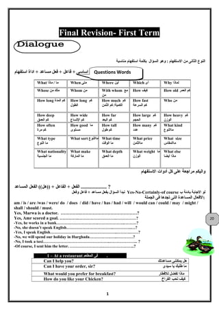 Final Revision- First Term
‫النوع‬‫الثانى‬‫من‬‫التستفهام‬‫وهو‬ :‫السؤال‬‫بكلمة‬‫اتستفهام‬‫مناتسبة‬
‫مفعول‬‫فعل‬ +‫اتساتسى‬‫فاعل‬ +‫فعل‬ +‫مساعد‬‫اداة‬ +‫اتستفهام‬
‫واليكم‬‫مراجعة‬‫على‬‫كل‬‫أدوات‬‫التستفهام‬
‫الفعل‬ .................... ?‫الفاعل‬ +‫الفعل‬ ((‫))هل‬ +‫المساعد‬
‫لو‬‫الجابة‬‫بادئة‬‫ب‬Yes-No-Certainly-of course‫نبدأ‬‫السؤال‬‫بفعل‬‫مساعد‬‫فاعل‬ +‫وفعل‬
‫الفعال‬‫المساعدة‬‫التى‬‫تجدها‬‫فى‬‫الجملة‬ :
am / is / are /was / were/ do / does / did / have / has / had / will / would can / could / may / might /
shall / should / must.
Yes, Marwa is a doctor. ………….…………………………………?
Yes, Amr scored a goal. ………….……………………….……………?
-Yes, he works in a bank………………………….………………..………?
-No, she doesn’t speak English……………………………..…………..…?
-Yes, I speak English…………………………………………..……….……?
-No, we will spend our holiday in Hurghada…………….…..…………?
-No, I took a taxi…………………………………………..………………... ?
-Of course, I sent him the letter. …………………….…………………..?
1 – At a restaurant ‫فى‬‫المطعم‬ .
Can I help you? ‫هل‬‫يمكننى‬‫مساعدتك‬
Can I have your order, sir? ‫ما‬‫طلبك‬‫يا‬‫تسيدى‬
What would you prefer for breakfast? ‫ماذا‬‫تفضل‬‫للفطار‬
How do you like your Chicken? ‫كيف‬‫تحب‬‫الفراخ‬
Why ‫لماذا‬Which ‫أى‬Where ‫أين‬When ‫متى‬What ‫ما‬‫ماذا‬ /
How old ‫كم‬‫العمر‬How ‫كيف‬With whom ‫مع‬
‫من‬
Whom ‫من‬Whose ‫ملك‬‫من‬
Who ‫من‬How fast
‫كم‬‫السرعة‬
How much ‫كم‬
‫كم‬ /‫الكمية‬‫الثمن‬
How long ‫كم‬
‫الطول‬
How long ‫كم‬‫المدة‬
How heavy ‫كم‬
‫الوزن‬
How large ‫كم‬
‫الحجم‬
How far
‫كم‬‫البعد‬
How wide
‫كم‬‫التساع‬
How deep
‫كم‬‫العمق‬
What kind
‫ماالنوع‬
How many ‫كم‬
‫عدد‬
How tall
‫كم‬‫طول‬
How good ‫ما‬
‫مستوى‬
How often
‫كم‬‫مرة‬
What size
‫ماالمقاس‬
What price
‫ماالثمن‬
What time
‫ما‬‫الوقت‬
What sort ‫ماالنوع‬What type
‫ما‬‫النوع‬
What else
‫ماذا‬‫أيضا‬
What weight ‫ما‬
‫الوزن‬
What depth
‫ما‬‫العمق‬
What make
‫ما‬‫الماركة‬
What nationality
‫ما‬‫الجنسية‬
1
20
Questions WordsQuestions Words
 