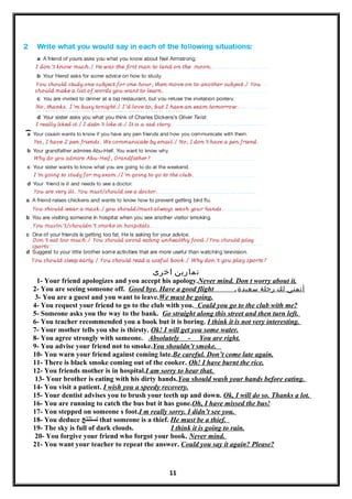 ‫اخرى‬ ‫تمارين‬
1- Your friend apologizes and you accept his apology.Never mind. Don t worry about it.
2- You are seeing someone off. Good bye. Have a good flight .‫سعيدة‬ ‫رحلة‬ ‫لك‬ ‫أتمنى‬
3- You are a guest and you want to leave.We must be going.
4- You request your friend to go to the club with you. Could you go to the club with me?
5- Someone asks you the way to the bank. Go straight along this street and then turn left.
6- You teacher recommended you a book but it is boring. I think it is not very interesting.
7- Your mother tells you she is thirsty. Ok! I will get you some water.
8- You agree strongly with someone. Absolutely - You are right.
9- You advise your friend not to smoke.You shouldn’t smoke.
10- You warn your friend against coming late.Be careful. Don’t come late again.
11- There is black smoke coming out of the cooker. Oh! I have burnt the rice.
12- You friends mother is in hospital.I am sorry to hear that.
13- Your brother is eating with his dirty hands.You should wash your hands before eating.
14- You visit a patient. I wish you a speedy recovery.
15- Your dentist advises you to brush your teeth up and down. Ok, I will do so. Thanks a lot.
16- You are running to catch the bus but it has gone.Oh, I have missed the bus!
17- You stepped on someone s foot.I m really sorry. I didn’t see you.
18- You deduce ‫تستنتج‬ that someone is a thief. He must be a thief.
19- The sky is full of dark clouds. I think it is going to rain.
20- You forgive your friend who forgot your book. Never mind.
21- You want your teacher to repeat the answer. Could you say it again? Please?
11
 