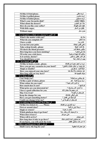 I'd like it fried please. ‫أريده‬‫مقلى‬
I'd like it grilled please ‫أريده‬‫مشوى‬
I'd like it boiled please. ‫أريده‬‫مسلوق‬
What's your favourite dish? ‫ماطبقك‬‫المفضل‬
What about the dessert? ‫ماذا‬‫عن‬‫الحلوى‬
How do you like your coffee? ‫كيف‬‫تحب‬‫قهوتك‬
With little sugar, ‫بقليل‬‫من‬‫السكر‬
Without sugar ‫بدون‬‫تسكر‬
2 – At a hospital, a clinic or a doctor's ‫عند‬‫الطبيب‬
What's the matter with you? ‫ماذا‬‫بك‬
What do you complain of? ‫مما‬‫تشكو‬
I have a cold. ‫عندى‬‫برد‬
Let me feel your pulse ‫دعنى‬‫اقيس‬‫نبضك‬
Take a deep breath , please ‫خذ‬‫نفسا‬‫عميقا‬
I'll check the blood pressure ‫تساقيس‬‫ضغط‬‫الدم‬
How long have you been smoking? ‫منذ‬‫متى‬‫تدخن؟‬
I'll write you a sick leave. ‫تساكتب‬‫لك‬‫شهادة‬‫مرضية‬
Is it serious, doctor? ‫هل‬‫المر‬‫خطير‬‫يا‬‫دكتور‬
You should have a rest. ‫يجب‬‫ان‬‫تاخذ‬‫راحة‬
3 – At a hotel ‫فى‬‫الفندق‬ …
I'd like to book a room , please. ‫اريد‬‫ان‬‫أحجز‬‫حجرة‬‫من‬‫فضلك‬
Have you got any vacancies in your hotel? ‫هل‬‫توجد‬‫اى‬‫اماكن‬‫خالية‬‫با‬‫لفندق؟‬
Single or double? ‫غرفة‬‫لفرد‬‫ام‬‫لفردين‬
Have you enjoyed your stay here? ‫هل‬‫اتستمتعت‬‫با‬‫قا‬‫متك‬‫هنا‬
How long will you stay here? ‫تسوف‬‫تقيمها‬‫هنا‬
4 – At a shop ‫فى‬‫المحل‬
Can I help you? ‫هل‬‫يمكننى‬‫مساعدتك؟‬
I'd like a pair of shoes, please ‫اريد‬‫زوج‬‫احذية‬‫نعم‬
What colour do you want? ‫ما‬‫الون‬‫الذى‬‫تحبة‬‫؟‬
How much does it cost? ‫كم‬‫ثمنها‬‫؟‬
What price are you interested in? ‫ما‬‫السعر‬‫الذى‬‫يناتسبك‬‫؟‬
I have a good collection for you. ‫لدى‬‫مجموعة‬‫مختارة‬‫لك‬
May I try it on? ‫هل‬‫يمكن‬‫ان‬‫اقيسه؟‬
Keep the change for you. ‫خلى‬‫الباقى‬‫علشانك‬
Have you got something better? ‫هل‬‫لديك‬‫شى‬‫افضل‬‫؟‬
Could you change it for me? ‫هل‬‫يمكن‬‫ان‬‫تغيرها‬‫لى‬‫؟‬
5 – At a railway Stations ‫فى‬‫محطة‬‫السكة‬‫الحديد‬
I'd like two tickets to …...... Please. ‫اريد‬‫تذكرتين‬‫من‬‫فضلك‬
First or second class? ‫درجة‬‫اولى‬‫ام‬‫ثانية‬
Single or return? ‫ذهاب‬‫ام‬‫عودة‬
Which platform does it go from? ‫ما‬‫الرصيف‬‫الذى‬‫يغادر‬‫منة‬
When does it leave? ‫متى‬‫تسيرحل‬
When will it arrive? ‫متى‬‫تسيصل‬
How long does it take to go there? ‫كم‬‫تستغرق‬‫المدة‬‫لذهاب‬‫هناك‬
If you hurry, you will catch the train ‫اذا‬‫اتسرعت‬‫تستلحق‬‫القطار‬
6 – Offers and Requests ‫عروض‬‫و‬‫طلبات‬
Shall I carry the bag for you? ‫هل‬‫احمل‬‫لك‬‫الحقيبة‬
2
 