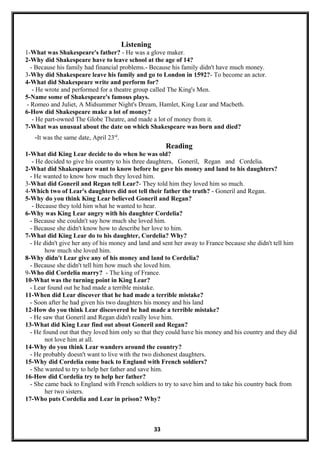 Listening
1-What was Shakespeare's father? - He was a glove maker.
2-Why did Shakespeare have to leave school at the age of 14?
- Because his family had financial problems.- Because his family didn't have much money.
3-Why did Shakespeare leave his family and go to London in 1592?- To become an actor.
4-What did Shakespeare write and perform for?
- He wrote and performed for a theatre group called The King's Men.
5-Name some of Shakespeare's famous plays.
- Romeo and Juliet, A Midsummer Night's Dream, Hamlet, King Lear and Macbeth.
6-How did Shakespeare make a lot of money?
- He part-owned The Globe Theatre, and made a lot of money from it.
7-What was unusual about the date on which Shakespeare was born and died?
-It was the same date, April 23rd
.
Reading
1-What did King Lear decide to do when he was old?
- He decided to give his country to his three daughters, Goneril, Regan and Cordelia.
2-What did Shakespeare want to know before he gave his money and land to his daughters?
- He wanted to know how much they loved him.
3-What did Goneril and Regan tell Lear?- They told him they loved him so much.
4-Which two of Lear's daughters did not tell their father the truth? - Goneril and Regan.
5-Why do you think King Lear believed Goneril and Regan?
- Because they told him what he wanted to hear.
6-Why was King Lear angry with his daughter Cordelia?
- Because she couldn't say how much she loved him.
- Because she didn't know how to describe her love to him.
7-What did King Lear do to his daughter, Cordelia? Why?
- He didn't give her any of his money and land and sent her away to France because she didn't tell him
how much she loved him.
8-Why didn't Lear give any of his money and land to Cordelia?
- Because she didn't tell him how much she loved him.
9-Who did Cordelia marry? - The king of France.
10-What was the turning point in King Lear?
- Lear found out he had made a terrible mistake.
11-When did Lear discover that he had made a terrible mistake?
- Soon after he had given his two daughters his money and his land
12-How do you think Lear discovered he had made a terrible mistake?
- He saw that Goneril and Regan didn't really love him.
13-What did King Lear find out about Goneril and Regan?
- He found out that they loved him only so that they could have his money and his country and they did
not love him at all.
14-Why do you think Lear wanders around the country?
- He probably doesn't want to live with the two dishonest daughters.
15-Why did Cordelia come back to England with French soldiers?
- She wanted to try to help her father and save him.
16-How did Cordelia try to help her father?
- She came back to England with French soldiers to try to save him and to take his country back from
her two sisters.
17-Who puts Cordelia and Lear in prison? Why?
33
 