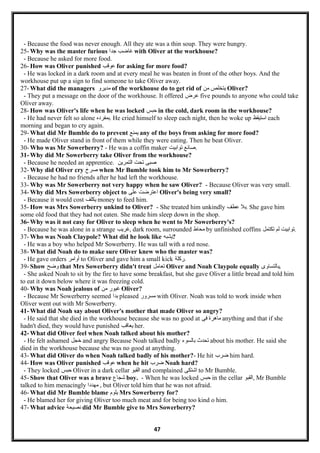 - Because the food was never enough. All they ate was a thin soup. They were hungry.
25- Why was the master furious ‫غاضب‬‫جدا‬ with Oliver at the workhouse?
- Because he asked for more food.
26- How was Oliver punished ‫عولقب‬ for asking for more food?
- He was locked in a dark room and at every meal he was beaten in front of the other boys. And the
workhouse put up a sign to find someone to take Oliver away.
27- What did the managers ‫مديرو‬ of the workhouse do to get rid of ‫يتخلص‬‫من‬ Oliver?
- They put a message on the door of the workhouse. It offered ‫عرض‬ five pounds to anyone who could take
Oliver away.
28- How was Oliver's life when he was locked ‫حبس‬ in the cold, dark room in the workhouse?
- He had never felt so alone ‫.بمفرده‬ He cried himself to sleep each night, then he woke up ‫استيقظ‬ each
morning and began to cry again.
29- What did Mr Bumble do to prevent ‫يمنع‬ any of the boys from asking for more food?
- He made Oliver stand in front of them while they were eating. Then he beat Oliver.
30- Who was Mr Sowerberry? - He was a coffin maker ‫صانع‬‫توابيت‬ .
31- Why did Mr Sowerberry take Oliver from the workhouse?
- Because he needed an apprentice. ‫صبى‬‫تحت‬‫التمرين‬
32- Why did Oliver cry ‫صرخ‬ when Mr Bumble took him to Mr Sowerberry?
- Because he had no friends after he had left the workhouse.
33- Why was Mr Sowerberry not very happy when he saw Oliver? - Because Oliver was very small.
34- Why did Mrs Sowerberry object to ‫اعترضت‬‫على‬ Oliver's being very small?
- Because it would cost ‫يكلف‬ money to feed him.
35- How was Mrs Sowerberry unkind to Oliver? - She treated him unkindly ‫بل‬‫عطف‬ . She gave him
some old food that they had not eaten. She made him sleep down in the shop.
36- Why was it not easy for Oliver to sleep when he went to Mr Sowerberry's?
- Because he was alone in a strange ‫,غريب‬ dark room, surrounded ‫محاط‬ by unfinished coffins ‫توابيت‬‫لم‬‫تكتمل‬ .
37- Who was Noah Claypole? What did he look like ‫?يشبه‬
- He was a boy who helped Mr Sowerberry. He was tall with a red nose.
38- What did Noah do to make sure Oliver knew who the master was?
- He gave orders ‫أوامر‬ to Oliver and gave him a small kick ‫.ركلة‬
39- Show ‫وضح‬ that Mrs Sowerberry didn't treat ‫تعامل‬ Oliver and Noah Claypole equally ‫.بالتساوى‬
- She asked Noah to sit by the fire to have some breakfast, but she gave Oliver a little bread and told him
to eat it down below where it was freezing cold.
40- Why was Noah jealous of ‫غيور‬‫من‬ Oliver?
- Because Mr Sowerberry seemed ‫بدا‬ pleased ‫مسرور‬ with Oliver. Noah was told to work inside when
Oliver went out with Mr Sowerberry.
41- What did Noah say about Oliver's mother that made Oliver so angry?
- He said that she died in the workhouse because she was no good at ‫ماهرة‬‫فى‬ anything and that if she
hadn't died, they would have punished ‫يعالقب‬ her.
42- What did Oliver feel when Noah talked about his mother?
- He felt ashamed ‫خجل‬ and angry Because Noah talked badly ‫تحدث‬‫بالسوء‬ about his mother. He said she
died in the workhouse because she was no good at anything.
43- What did Oliver do when Noah talked badly of his mother?- He hit ‫ضرب‬ him hard.
44- How was Oliver punished ‫عولقب‬ when he hit ‫ضرب‬ Noah hard?
- They locked ‫حبس‬ Oliver in a dark cellar ‫القبو‬ and complained ‫اشتكى‬ to Mr Bumble.
45- Show that Oliver was a brave ‫شجاع‬ boy. - When he was locked ‫حبس‬ in the cellar ‫,القبو‬ Mr Bumble
talked to him menacingly ‫مهددا‬ , but Oliver told him that he was not afraid.
46- What did Mr Bumble blame ‫يلوم‬ Mrs Sowerberry for?
- He blamed her for giving Oliver too much meat and for being too kind o him.
47- What advice ‫نصيحة‬ did Mr Bumble give to Mrs Sowerberry?
47
 